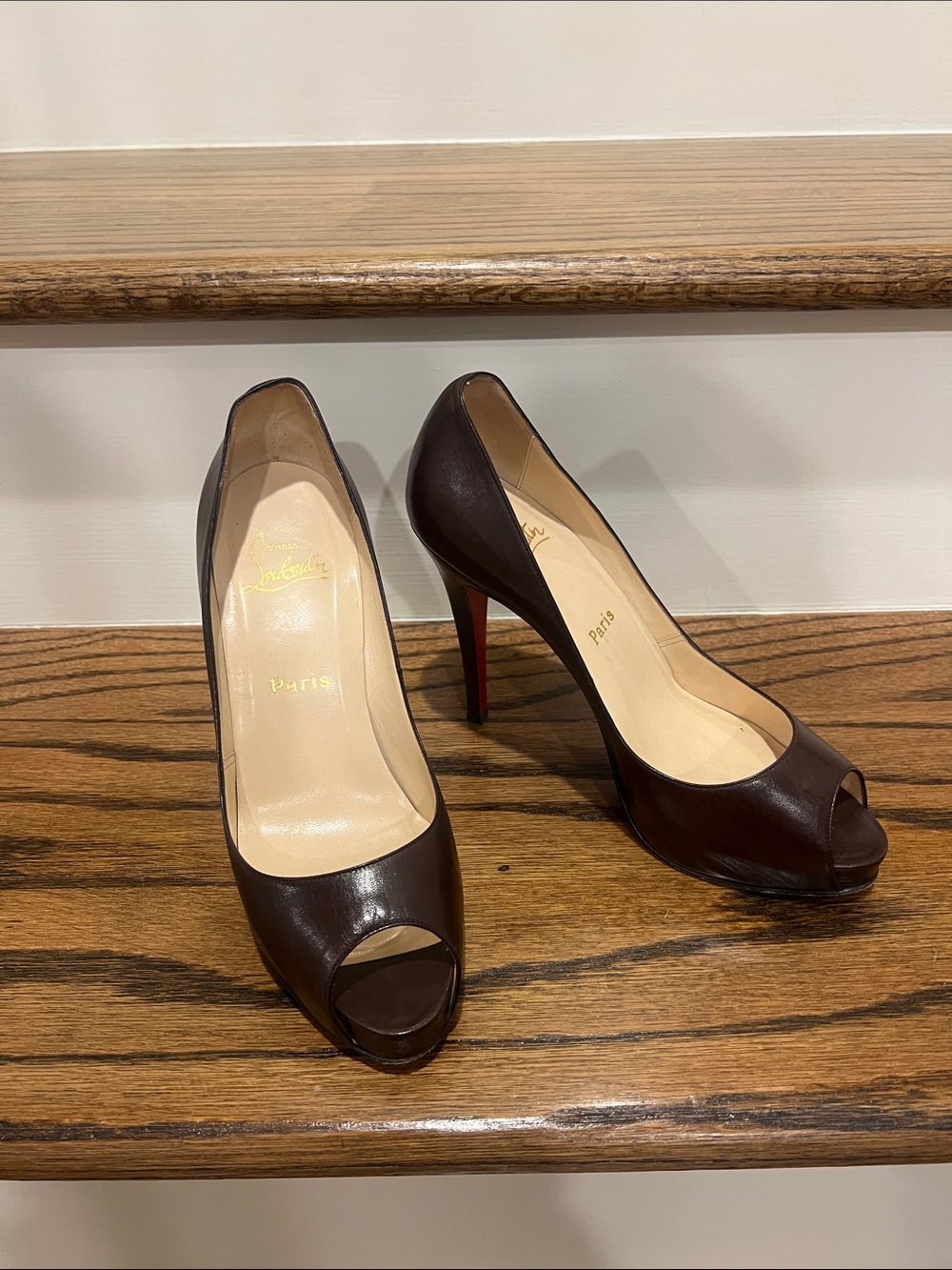 Christian Louboutin Chocolate Brown Peep-Toe Leather Pumps with Red Sole